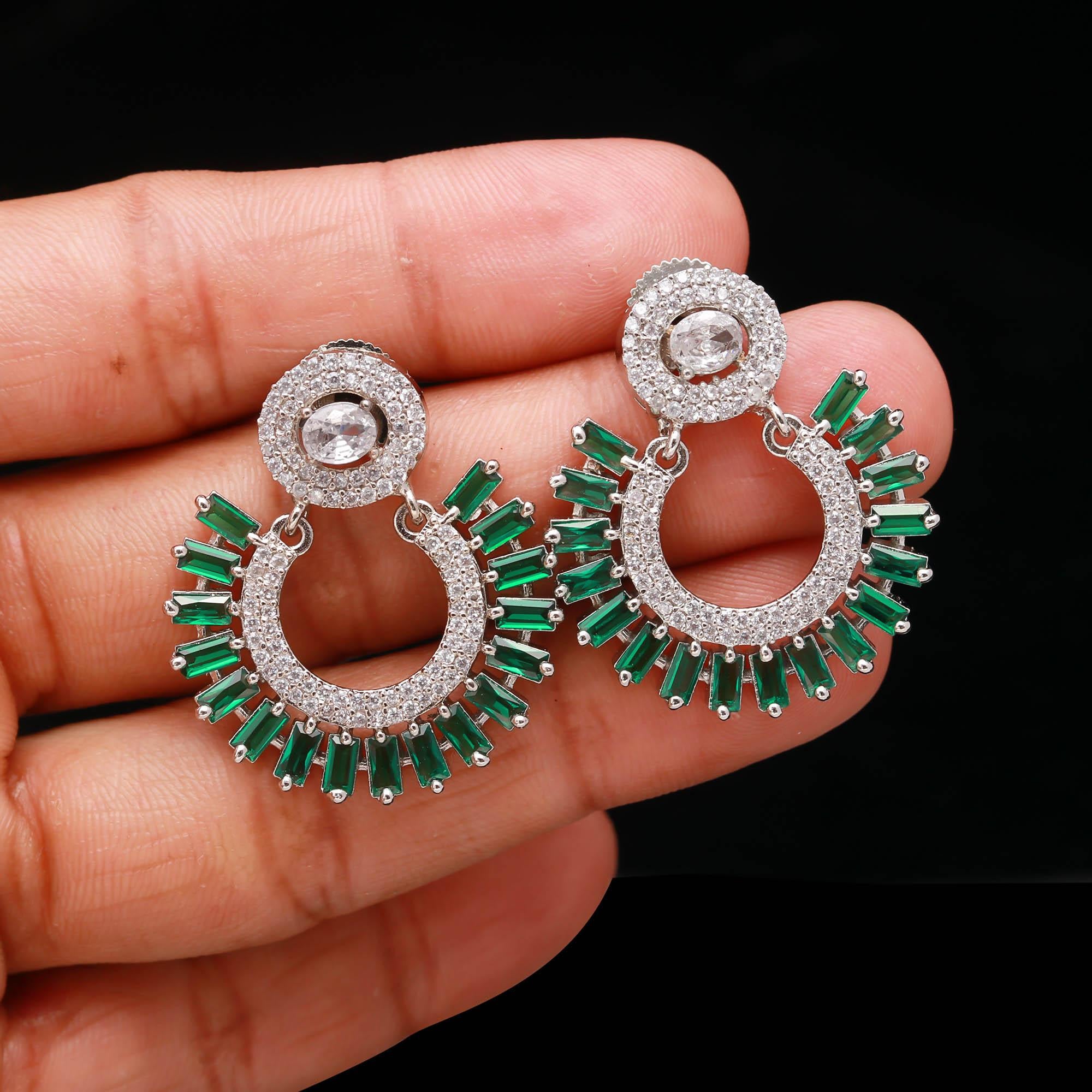Green Stone & American Diamond Circular Earrings | Silver-Plated Party Wear Jhumka for Women & Girls